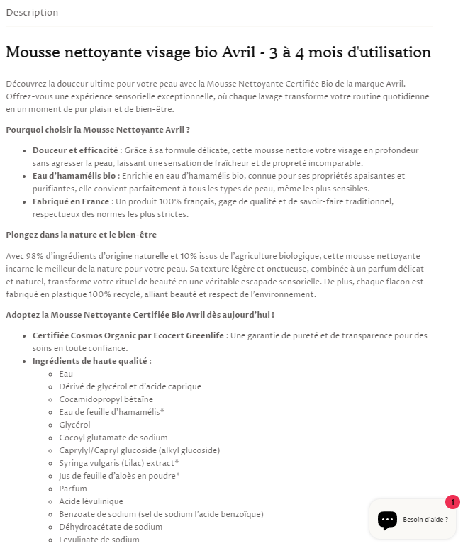 Fiche produit sur Altanto pour la Mousse nettoyante visa bio Avril